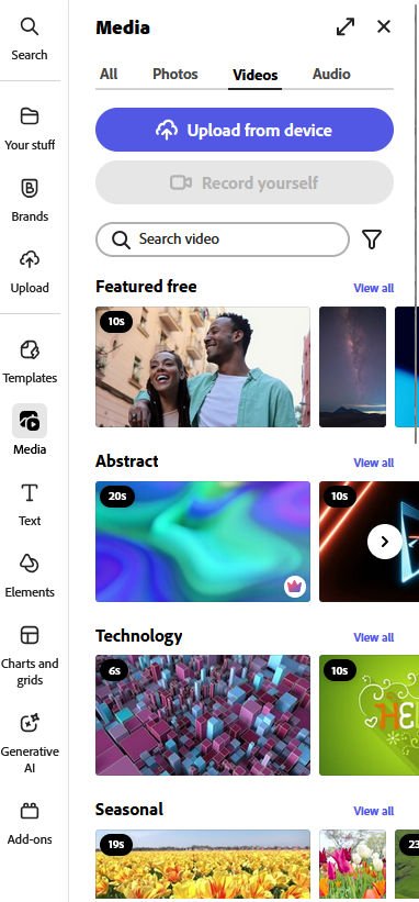 Pannello video di Adobe Express