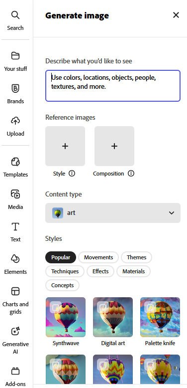 Adobe Express Generate image panel